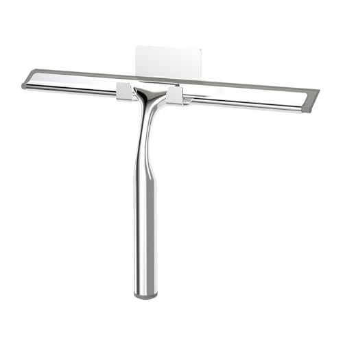 Shower Squeegee for Glass Doors, Stainless Steel Shower Squeegee for Bathroom, Window and Tiles, All-Purpose Squeegee with Adhesive Hook-10”, Chrome - color: Chrome, size: 10