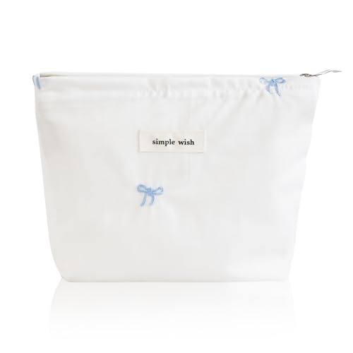 Wudygirl Makeup Bag Travel Cosmetic Bag for Women Small Makeup Pouch with Handle Zipper Cosmetic Pouch Handbag Aesthetic 8.3" x 5.9"(Blue Bow) - color: Blue Bow
