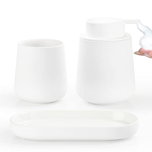 BosilunLife Ceramic Bathroom Accessories Set 3 Pcs, Foaming Soap Dispenser and Toothbrush Holder with Tray, Modern Farmhouse Vanity Decor, White Housewarming Gift - color: White, style: Foam