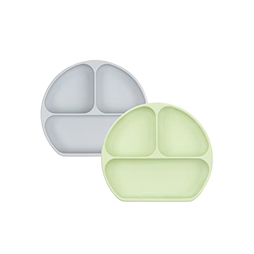 Bumkins Toddler and Baby Suction Plate, Silicone Divided Grip Dish for Babies and Kids, Baby Led Weaning, Children Feeding Supplies, Non Skid Bottom, Platinum Silicone, 6 Months Up, Gray and Sage - color: F4 Gray, Sage-GD