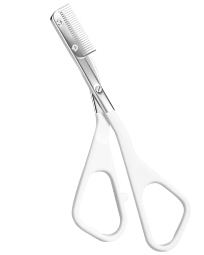 Eyebrow Scissors for Women, Stainless Steel Beauty Scissors with Comb, Precision Trimming Tool for Brows & Facial Hair, Sharp Blades with Safety Guard, Compact & Travel-Friendly (White)