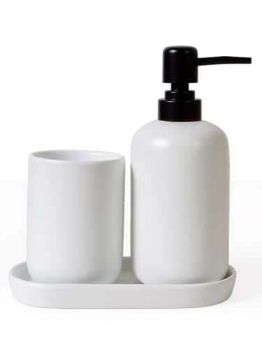 INGOFIN 3 Pcs Ceramic Bathroom Accessory Set - Liquid Soap Dispenser, Toothbrush Holder & Tray, Bathroom Counter Set, Countertop Essentials for Home, Guest Bathroom, or Office Use, White - style: Liquid-White