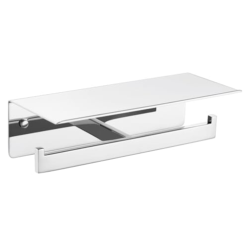 APLusee Double Toilet Paper Holder with Phone Shelf, 304 Stainless Steel Bathroom Tissue Hanger, Wall Mounted Dual Roll Paper Dispenser, Polished Chrome - color: Polished Chrome, size: Double Rod