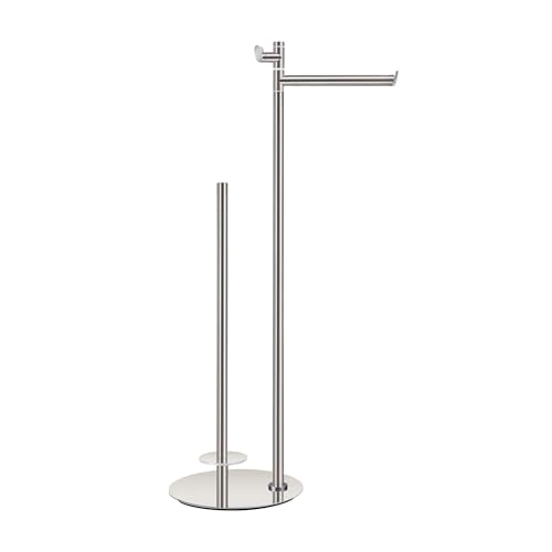 BVL Toilet Paper Holder Stand with Hook, Brushed Nickel Stainless Steel 304 Weighted Toilet Paper Holder Stand, Bathroom Freestanding Toilet Paper Holder Holds 5 Rolls - color: Brushed Nickel