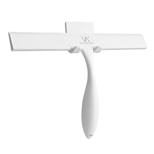 Shower Squeegee for Glass Doors, 11-Inch Silicone Squeegee with Non-Slip Handle and Adhesive Hook for Bathroom, Mirror, Tile, Car Window (White) - color: White