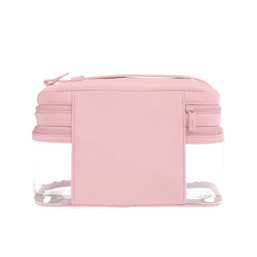 Away Clear Cosmetic Case - Water-Repellent Transparent Cosmetic Bag with 2 Compartments, Brush Holder, Interior Zip Pocket - Blush Pink - color: Blush Pink