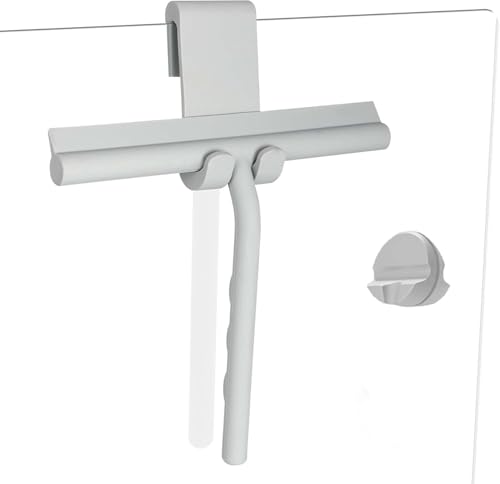 Shower Squeegee for Glass Doors, Full Silicone Jacketed Squeegee with Ergonomic Handle & No-Drill Hook, Cleaning Tool for Windows, Mirrors, Tiles, Bathroom & Car - Grey - color: Gray, size: without loop
