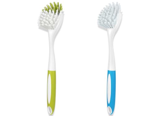 Dish Brush with Handle, Firm & Stiff Bristles Dish Scrubber for Pots, Pans & Sink Cleaning, 2 Pack - color: Yellow & Blue 2 Pack