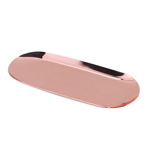 Dnyta Stainless Steel Decorative Tray, Decor Jewelry Dish, Rose Gold Bathroom Decor Makeup Serving Trays for Dresser, 9 x 3.7in Cosmetics Home Decor for Keys Watch Wallet Trinket (Oval, Rose Gold) - style: Oval rose gold style (1pcs)