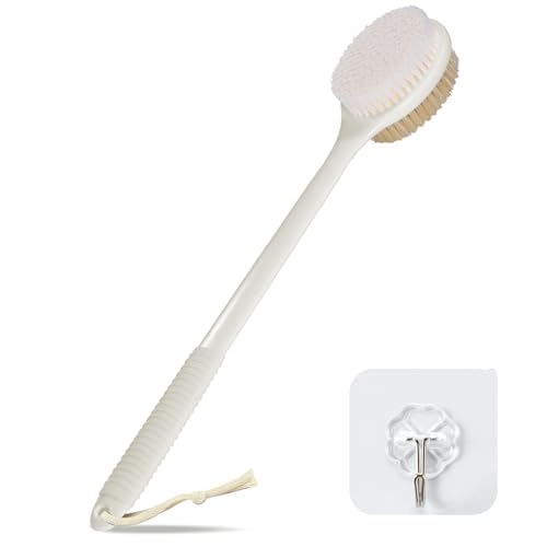 VANZAVANZU Back Scrubber for Shower, 17 Inch Long Handle Back Brush, Dual-Sided Bath Brush, Anti-Slip Handle Shower Brush for Wet or Dry Brushing (Cream White) - size: 17 in - Cream White