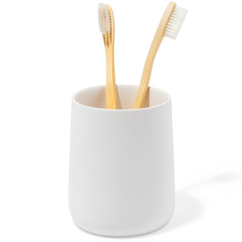 Yew Design Matte White Toothbrush and Toothpaste Holder and Cup for Bathroom Vanity and Countertop, Round Organizer for Electric Toothbrushes, Floss, Razors, Cotton, and Mouthwash - color: Round Matte White