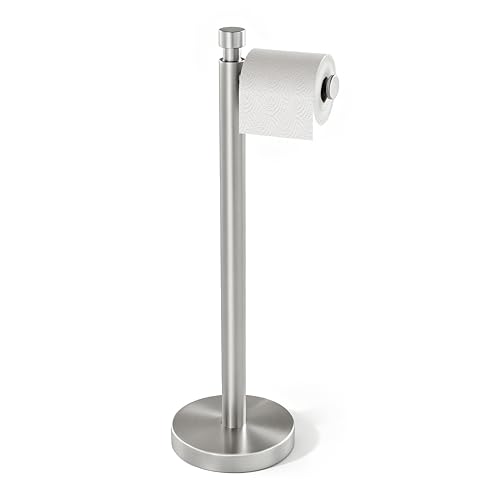 YUMORE Toilet Paper Holder Stand, Heavy Duty Stainless Steel Free Standing Bathroom Tissue Roll Holder, Brushed Nickel - color: Brushed Nickel