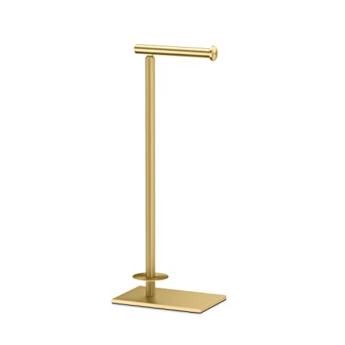 Gatco 1443B, Modern Rectangle Base Freestanding Toilet Paper Holder with Storage, 21.13”H, Brushed Brass - color: Brushed Brass, 21.13"h