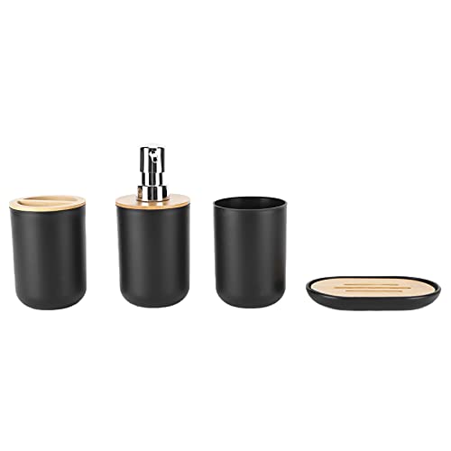 Set of 4 Complete Bathroom Accessories, Bathroom Set with Toothbrush Holder, Dish, Lotion Dispenser and Cup, in Plastic + Bamboo(Black) - color: Black