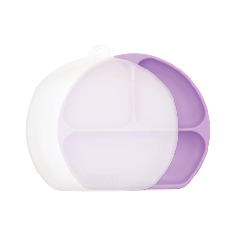 Bumkins Toddler and Baby Suction Plate, Silicone Divided Grip Dish and Lid, Babies and Kids, Baby Led Weaning, Children Feeding Supplies, Non Skid Bottom, Platinum Silicone, Ages 6 Mos Up, Lavender - color: D5 Lavender-GD Lid