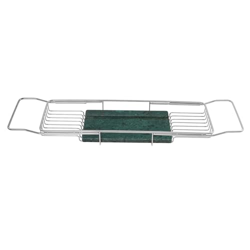 Expandable Bathtub Tray, 26.7-35.4 Inches Stainless Steel Bath Caddy Tray with Marble Base Adjustable Luxury Bath Trays for Tub Scented Candle Wine Glass Books (Silver+Green) - color: Silver+green