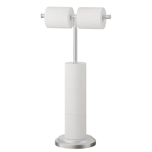 RUMOSE Toilet Paper Holder Stand Double Toilet Roll Holder for Floor | Brushed Nickel, 24" H, Bathroom Free standing Tissue Roll Holder, Rustproof, Weighted Base, Stainless Steel