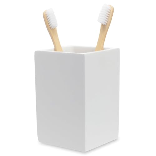 Yew Design Matte White Toothbrush and Toothpaste Holder for Bathroom Vanity and Countertop, Square Organizer for Electric Toothbrushes, Floss, Razors, Cotton, and Mouthwash - color: Square Matte White
