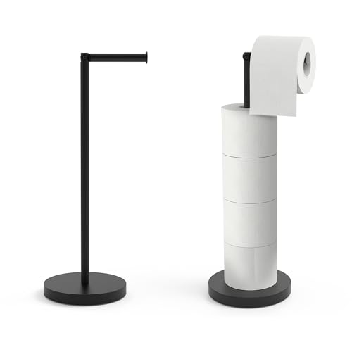 Free Standing Toilet Paper Holder Stand with Weighted Base, SUS304 180 Degree Rotatable Tissue Holder with Shelf, Can Extra Storage 4 Rolls, Black Bathroom Toilet Roll Holder - color: Matte Black