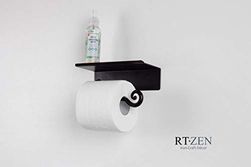 RTZEN Bathroom Toilet Paper Holder with Shelf - Handcrafted Rustic Wrought Iron Wall Decor Toilet Roll Holder - Black Matte Wall Mount Bar for Modern Farmhouse Bathroom Decor - style: Shelf Stylish