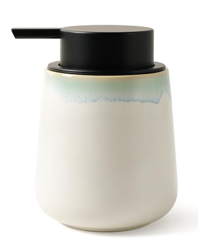 BosilunLife Hand Soap Dispenser - Ceramic Dish Soap Dispenser for Bathroom 12ounce Refillable Liquid Hand Wash Dispenser for Essential Oil, Lotion Soap, White with Blue-Green Rim - color: White With Blue-green Rim