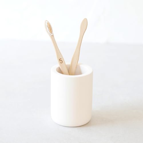 Selegna Diatomite Drying Stone Toothbrush Holder, Modern Ceramic-Look Countertop Cup with Drainage for Bathroom, Quick Drying Electric Toothbrush & Toothpaste Organizer, Stoneware Finish - color: Beige