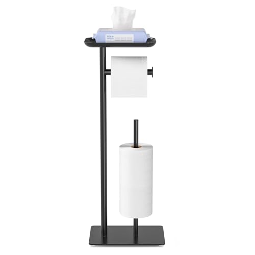 Toilet Paper Holder Stand with Top Storage Shelf, Free Standing Toilet Roll Dispenser for Bathroom, Holds 4 Reserve Rolls - color: Matte Black