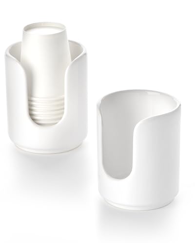 3 oz Original Ceramic Bathroom Cup Dispenser with 5 PLA Paper Cups, Bathroom Essential Accessories for Mouthwash Holder on Bathroom Vanity Countertops (2 Pack, White) - color: White, size: 2 Pack