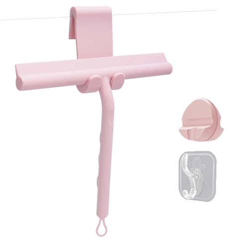Squeegee for Shower Glass Doors, Resilient Loop - No-Drill & Adhesive Hook, Silicone Shower Squeegee with Stainless Steel Core, Cleaning Tool for Home, Kitchen, Bathroom & Car - Pink - color: Pink, size: with loop