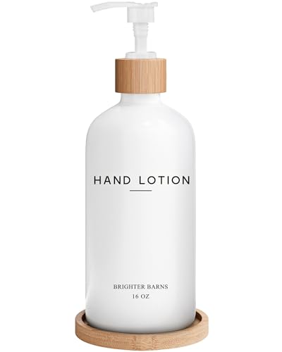 White Glass Lotion Dispenser with Pump Bathroom Set by Brighter Barns - Hand Lotion Dispenser with Tray - Modern Bathroom Decor - Boho Bedroom Decor for Housewarming Gift, Airbnb, Hotel (White) - color: White L