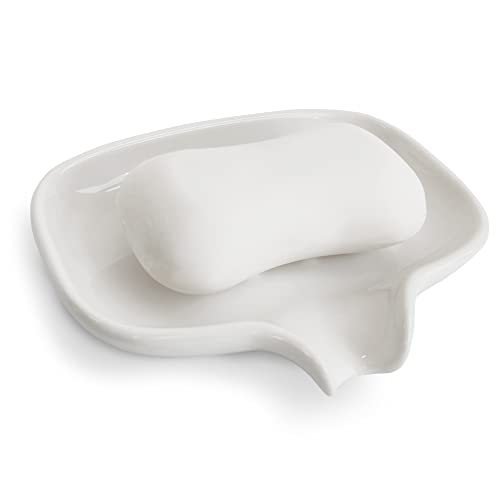 Multi-Color Ceramic Soap Dish for Kitchen or Bathroom, Easy to Clean, Self Draining Soap Holder, Keeps Soap Dry (White) - color: White