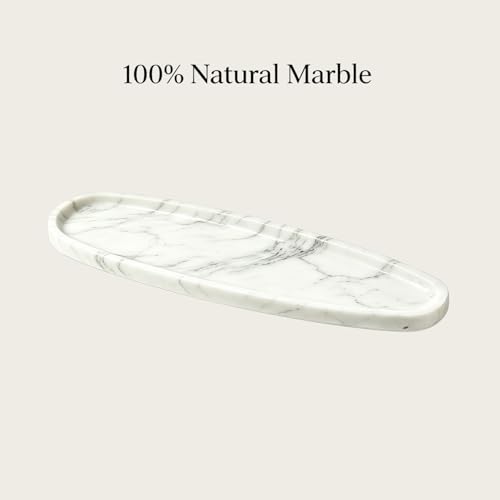 Natural Marble Vanity Tray, 16.6"x4.6" White Real Stone Decorative Tray for Bathroom Countertop & Home Decor, Catchall Organizer for Jewelry, Candles, Cosmetics & Perfume（White） - color: White