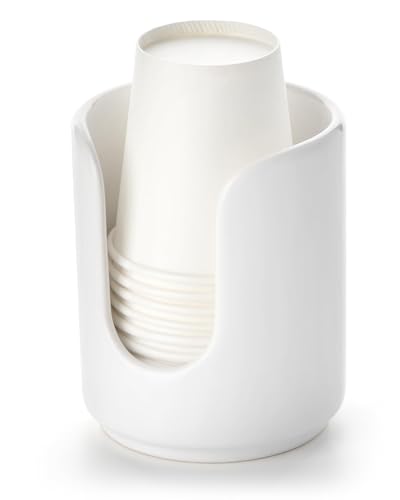 3 oz Original Ceramic Bathroom Cup Dispenser with 5 PLA Paper Cups, Bathroom Essential Accessories for Mouthwash Holder on Vanity Countertops (1 Pack, White) - color: White, size: 1 Pack