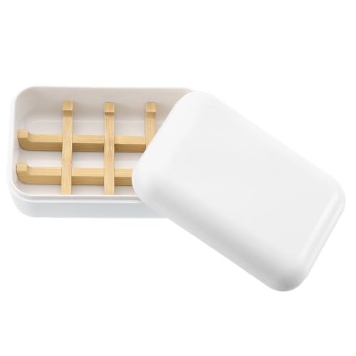 uxcell Wooden Soap Holder, Self-Draining Soap Box with Lid Wooden Soap Bar Tray for Shower Bathroom Kitchen, White - color: White