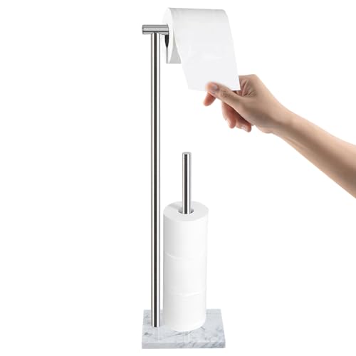 Toilet Paper Holder Stand with Weighted Natural Marble Base, Bathroom Free Standing Toilet Paper Roll Holder with Reserve, Standing Toilet Tissue Holder with Storage (Brushed Nickel, with Storage) - color: Brushed Nickel, size: With Storage