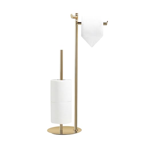 BVL Toilet Paper Holder Stand in Gold, SUS304 Stainless Steel, Weighted Base, Holds 5 Jumbo Rolls, Waterproof Pad, Compact Space-Saving Design with Built-in Hook for Modern Bathroom Storage - color: Gold