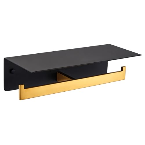 APLusee Double Toilet Paper Holder with Phone Shelf, 304 Stainless Steel Bathroom Tissue Hanger, Wall Mounted Dual Roll Paper Dispenser, Black & Gold - color: Black With Gold, size: Double Rod