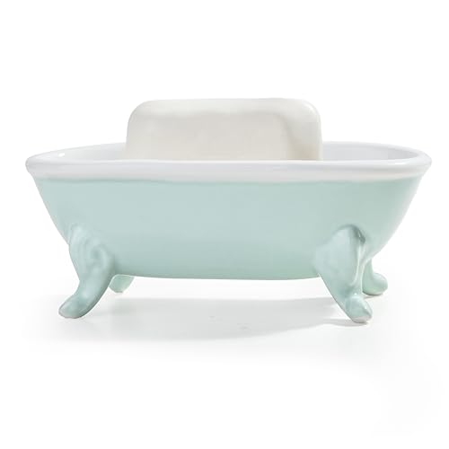 6.7" Ceramic Mini Clawfoot Bathtub Bar Soap Dish, Decorative Bar Soap Holder, Soap Tray Sponge Holder for Shower, Bathroom & Kitchen Sink (Bright Teal) - color: Bright Teal