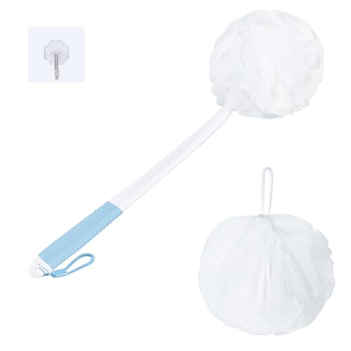 VANZAVANZU Loofah Sponge Set Back Scrubber for Shower, Anti-Slip Plastic 17" Handle Loofah on a Stick with Fluffy Shower Sponge, PE Soft Mesh Shower Loofahs-White with Blue Grip