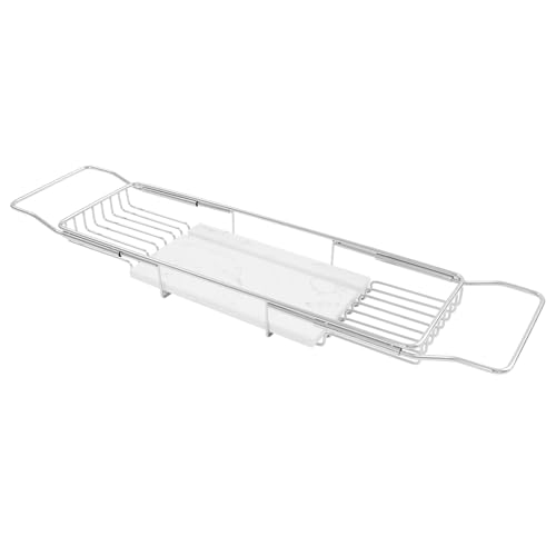 Expandable Bathtub Tray, Stainless Steel Bath Table Tray with Marble Board, Modern Luxury Bathtub Shelf for Bathrooms, Kitchen Sink (Silver+White) - color: Silver+white