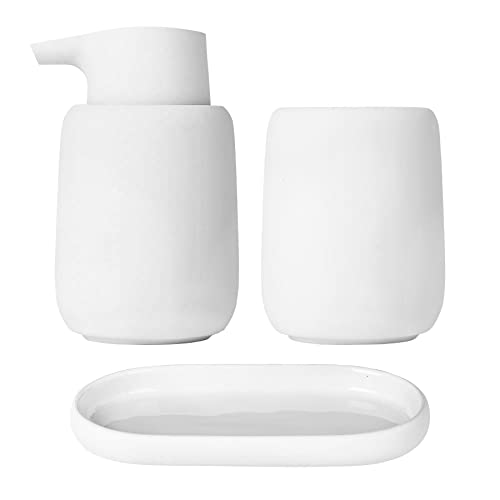 blomus SONO Modern Bathroom Accessory Set - Ceramic Soft Touch Soap Dispenser, Tumbler & Tray Organizer - Tan