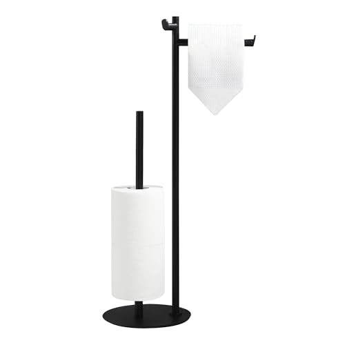 BGL Toilet Paper Holder Stand, SUS304 Stainless Steel Matte Black, Weighted Base, Holds 5 Jumbo Rolls, Space-Saving Modern Bathroom Storage with Built-in Hook - color: Matte Black