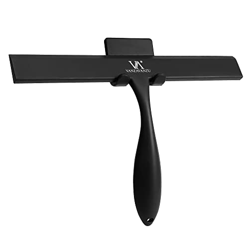 Shower Squeegee for Glass Doors, 11-Inch Silicone Squeegee with Non-Slip Handle and Adhesive Hook for Bathroom, Mirror, Tile, Car Window (Black) - color: Black