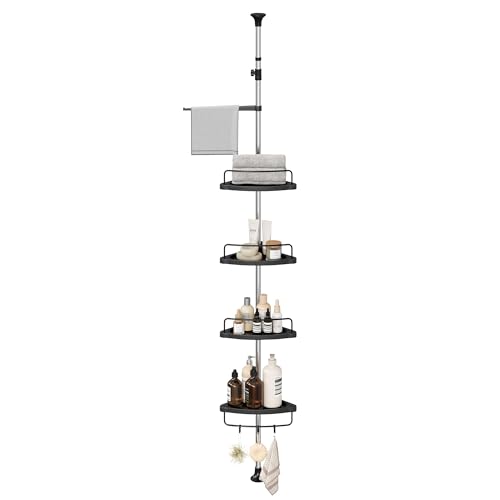 SONGMICS Corner Shower Caddy Tension Pole, 4-Tier Rust-Resistant Shower Organizer, Shower Shelf, Drill-Free, 35.8 to 118.1 Inches, Height Adjustable Trays, for Bathroom, Ink Black UBCB008B01 - color: Ink Black