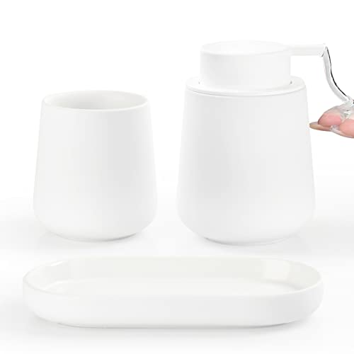 BosilunLife Ceramic Bathroom Accessories Set 3 Pcs, Liquid Soap Dispenser and Toothbrush Holder with Tray, Modern Farmhouse Vanity Decor, White Housewarming Gift - color: White, style: liquid