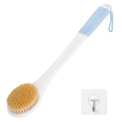 Back Scrubber for Shower, Shower Body Brush for Cleaning with Long Handle for Showering, 17 Inch Back Washer Exfoliator for Shower Men Women with Non-Slip Handle, Adhesive Hook (Lake Blue) - size: Lake Blue - Boar Bristles