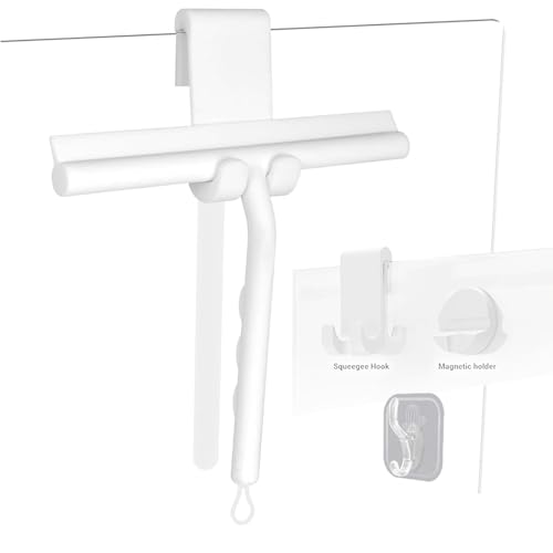 Squeegee for Shower Glass Doors, Resilient Loop - No-Drill & Adhesive Hook, Silicone Shower Squeegee with Stainless Steel Core, Cleaning Tool for Home, Kitchen, Bathroom & Car - White - color: White, size: with loop