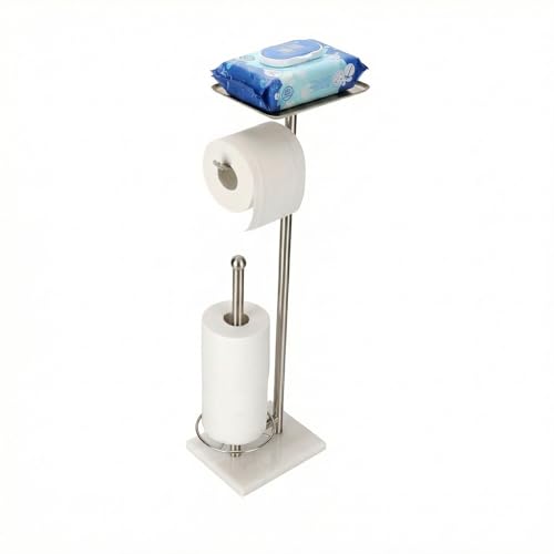 Toilet Paper Holder with Shelf, Free Standing Toilet Paper Holder with Storage - Toilet Paper Stand for Holding Extra 3 Rolls, Tissue Holder for Bathroom (Brushed Nickel with Marble Base) - color: Brushed Nickel With Marble Base