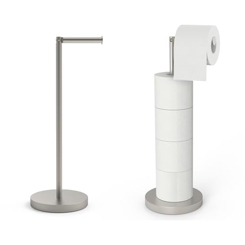 Free Standing Toilet Roll Holder Bathroom Storage, Rotatable Toilet Paper Holder Stand with Shelf, Brushed Nickel Floor Toilet Paper Rack Storage - color: Brushed Nickel