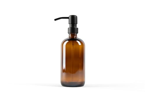 Essentra Home Two 16 oz. Glass Soap Dispensers with Black Pump for Kitchen Sinks, Bathroom Countertop, Shower Refillable Bottles – Waterproof Labels and Foldable Silicon Funnel Included (Amber)